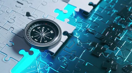 Wall Mural - An image of a plain white jigsaw puzzle, complemented by a modern digital compass with a sleek black and silver design, on a neon blue background for a futuristic vibe.