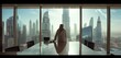 © Georgii - Businessman in traditional attire overlooking Dubai skyline from modern office with large glass windows