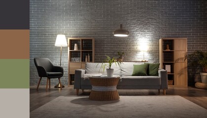 Wall Mural - Interior of living room with comfortable sofa, table, armchair and glowing lamps. Different color patterns