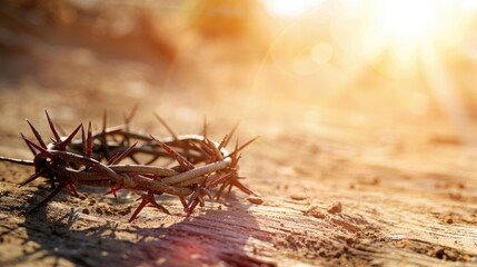 The cross, crown of thorns, red sunset symbolizing the sacrifice and suffering of Jesus Christ. Easter concept background depicting the cross, a desert landscape.