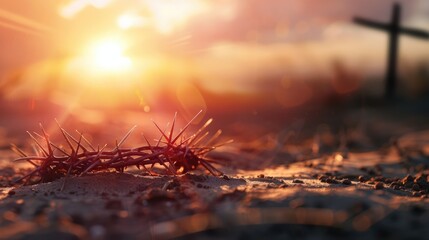 The cross, crown of thorns, red sunset symbolizing the sacrifice and suffering of Jesus Christ. Easter concept background depicting the cross, a desert landscape.