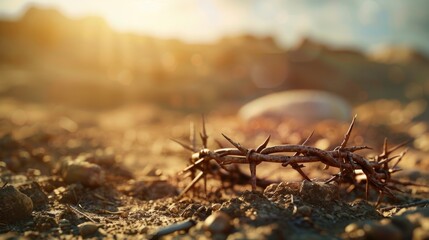 Wall Mural - The cross, crown of thorns, red sunset symbolizing the sacrifice and suffering of Jesus Christ. Easter concept background depicting the cross, a desert landscape.