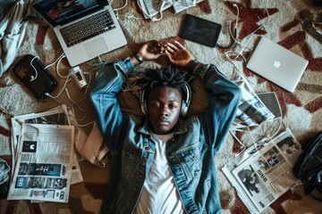 Wall Mural - The top view of picture that about young african american human laying down and listening to the music and focused in the full of the thought and music with room that surrounded with devices. AIGX03.