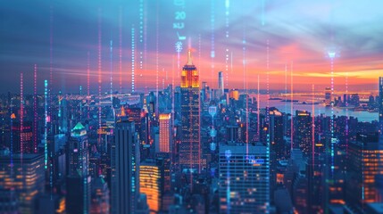 Wall Mural - Futuristic cityscape at sunset with data and network connections. Concept of smart city, internet of things, technology, big data, 5g.