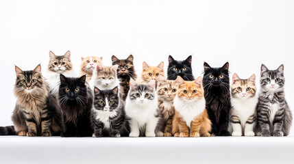 Wall Mural - A group of cats are sitting in a row, with some of them being black and white