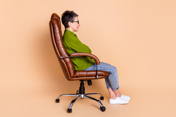 Poster - Photo portrait of lovely pensioner lady profile sit armchair dressed stylish green garment isolated on beige color background