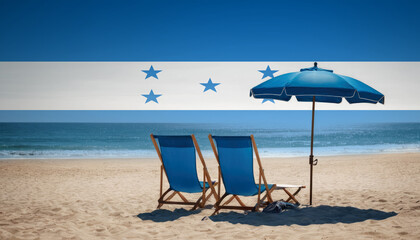 Two blue beach chairs and an umbrella await, inviting travelers to experience a relaxing Honduras beach vacation