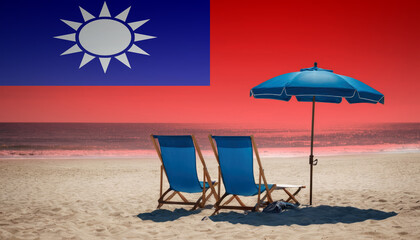 Wall Mural - Two blue beach chairs and an umbrella await, inviting travelers to experience a relaxing Taiwan beach vacation