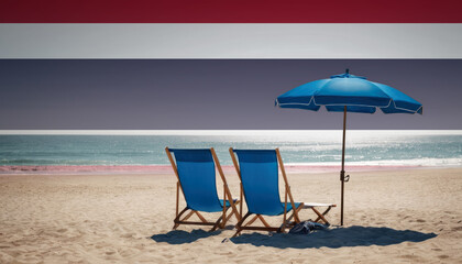 Wall Mural - Two blue beach chairs and an umbrella await, inviting travelers to experience a relaxing Thailand beach vacation