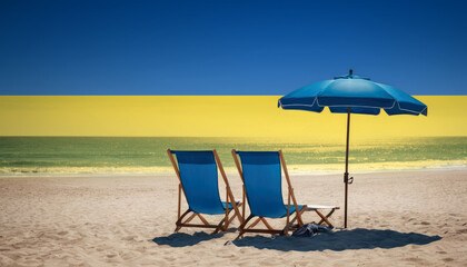 Wall Mural - Two blue beach chairs and an umbrella await, inviting travelers to experience a relaxing Ukraine beach vacation