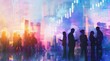 © SKIMP Art - A group of business people in silhouette are discussing and holding documents with stock market charts in the background Generative AI