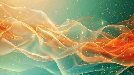 warm orange particles swirl enchantingly around neon hexagons on a soft teal gradient, with gold sta
