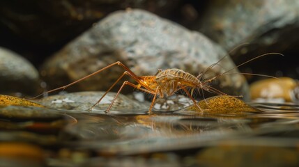 Wall Mural - A close up of a bug on rocks in water. AI.