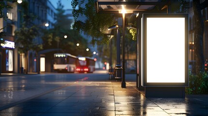 Wall Mural - Blank billboard mockup in a bus stop at night, city street background. Concept of advertising, marketing, and urban landscape.