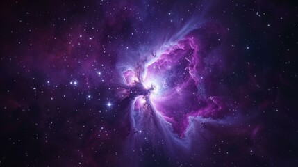 Wall Mural - A purple nebula in the sky with stars and a bright light. AI.