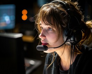 Poster - A woman wearing headphones and a headset in front of computer. AI.