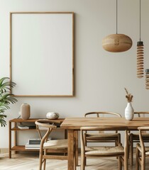 Canvas Print - A dining room with a wooden table and chairs, potted plants. AI.