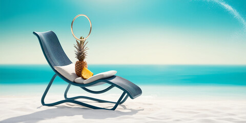 Wall Mural - Summer background of beach chair, umbrella, for text 3d