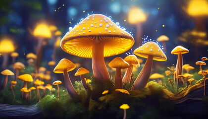 Wall Mural - Abstract fantasy yellow mushroom illustration of mushroom in forest. Nature mystic glowing fungus