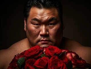 Poster - A man holding a bunch of roses in his hands. AI.