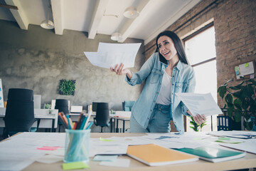 Wall Mural - Photo portrait of pretty young girl phone call graph confused wear trendy denim outfit modern workplace success business owner home office