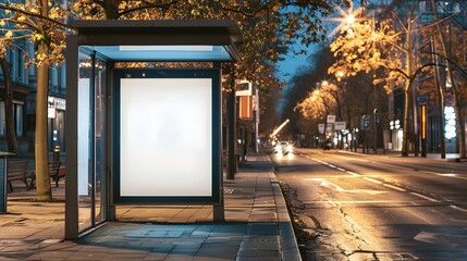 Wall Mural - Blank Billboard Mockup at Illuminated Bus Stop at Night, City Street Advertising Space