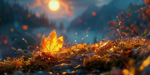 Wall Mural - Glowing Autumn Leaf at Sunset. A Magical Forest Scene