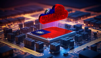 Technology soaring, a Taiwan flag-themed cloud hovers above a processor, symbolizing innovation in the digital age