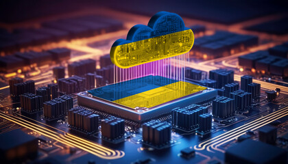 Wall Mural - Technology soaring, a Ukraine flag-themed cloud hovers above a processor, symbolizing innovation in the digital age