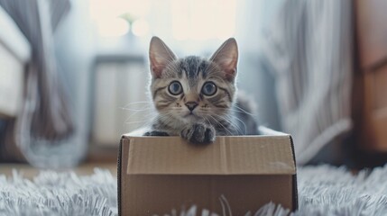 Grey tabby cat enjoying a cardboard box on the floor.