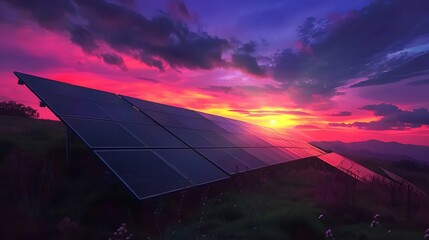 Wall Mural - Solar panels at sunset, capturing renewable energy. Concept of sustainability, clean energy, and environmentalism