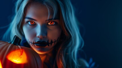 Wall Mural - Woman with intense orange eyes and Halloween face paint holding a glowing pumpkin. Dark, eerie background
