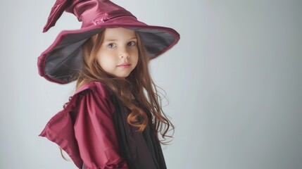 Wall Mural - Little girl in a maroon witch hat and costume. Studio portrait with a soft, light background.