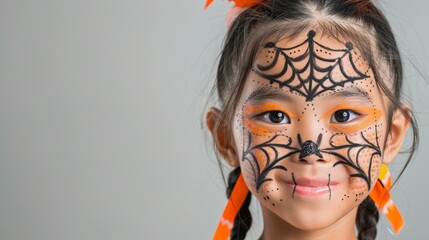Wall Mural - Little girl with spiderweb face paint and orange ribbons in her hair, smiling. Studio lighting.