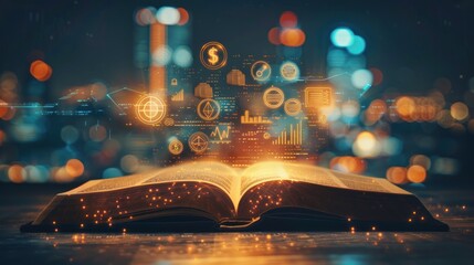 Open antique book glowing with magical forex trading charts and financial symbols, with a cityscape background. Concept for financial education, investment, wealth, and success.