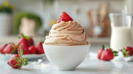 Wall Mural - Delicious chocolate ice cream topped with fresh strawberry in white bowl. Summer dessert, treat concept.