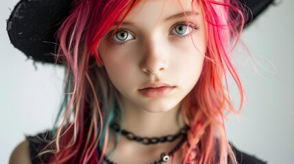 A girl with vibrant pink and red hair, wearing a black hat, her striking blue eyes gazing intently, set against a soft white background, creating a captivating and artistic portrait
