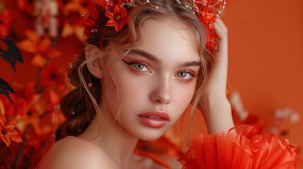 Wall Mural - Portrait of a young woman with red and orange floral headpiece, exuding autumnal elegance and beauty