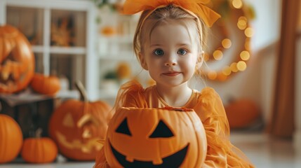 Wall Mural - A smiling woman in a yellow sweater and quirky glasses, surrounded by yellow pumpkins and bananas, embodying a fun and creative Halloween theme