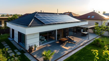 Wall Mural - Modern house with installed solar panels on roof for generating green energy. Concept of renewable energy, sustainability, and eco-friendly living.