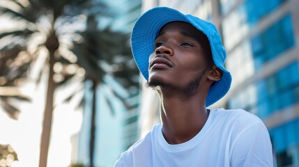 Poster - Male model in white t shirt and blue bucket hat posing in urban miami cityscape, realistic photo