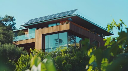 Wall Mural - Modern eco-friendly home with solar panels on the roof, surrounded by lush greenery. Sustainable living, renewable energy, and green building concept.