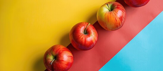 Wall Mural - Red apples on a colorful surface from above, view from the top. Fall-themed arrangement featuring a fresh apple from an overhead perspective, allowing space for text or design.