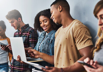 Poster - Teamwork, tablet and row of business people on laptop for internet, website and online networking. Creative agency, startup and men and women with technology for job interview, hiring and recruitment