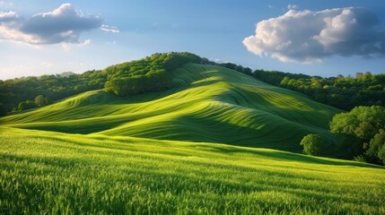 Wall Mural - Scenic view of rolling green hills bathed in warm sunlight and blue skies. Concepts. nature, landscape, countryside, tranquility