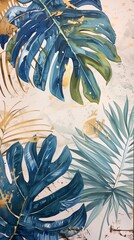 Wall Mural - exotic jungle foliage in blue and green with gold watercolor splashes