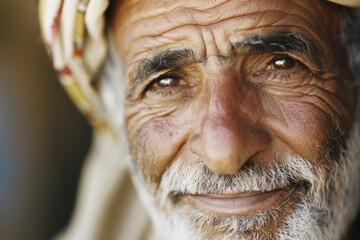 Close-up portrait of a senior man of Middle Eastern descent, studio photo, against a sleek gray studio backdrop