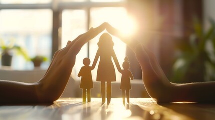 Silhouette of Family with Hands Forming House Shape in Sunlight. A symbol of protection and unity. Simple, yet profound visual for themes of family and home. 