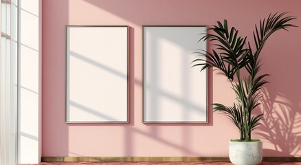 Two vertical white frame mockups on pink wall and large plant next to it.