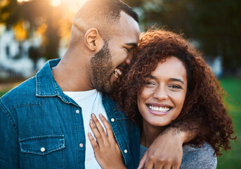 Happy couple, hug and love in nature portrait, holiday and relationship bonding in park. People, garden and romance on weekend trip for healthy marriage, support and security in commitment or embrace